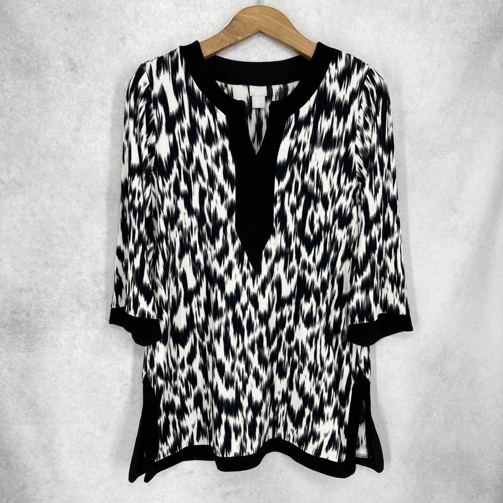 Chico's Travelers Size 2 Black White Ikat Print 3/4 Sleeve Tunic Top Size Large